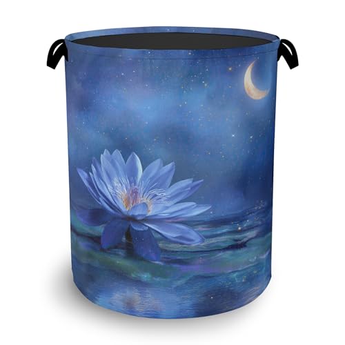 Water Lily Laundry Basket,Moon Oxford Cloth Laundry Hamper with Handle Foldable Portable Clothes Storage Basket for Bathroom Bedroom Dorm Room 16" x 20.8" - color: Water Lily Moon