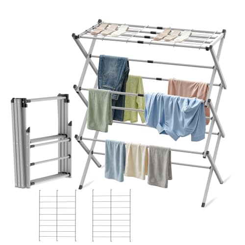 BAKON Space Saving Foldable Clothes Drying Rack, Extendable Rustproof Laundry Rack for Indoor Outdoor Use, No Assembly Required, Suitable for Bathroom Laundry Room Apartment RV, White, 2 Mesh - color: Gray+2 Mesh