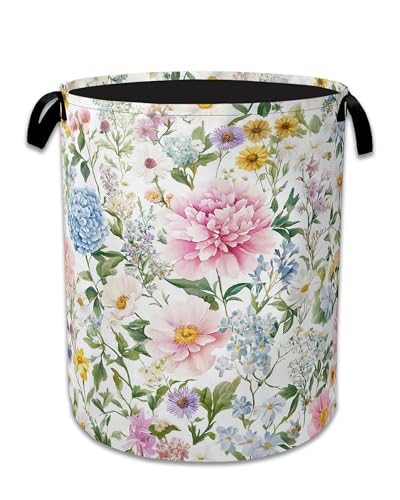 Watercolor Floral Laundry Hamper With Handle,Foldable Oxford Cloth Wildflowers Laundry Basket,20.8"x16" Clothes Storage Basket for Laundry Room/Bedroom/Bathroom - color: Watercolor Floral Wildflowers