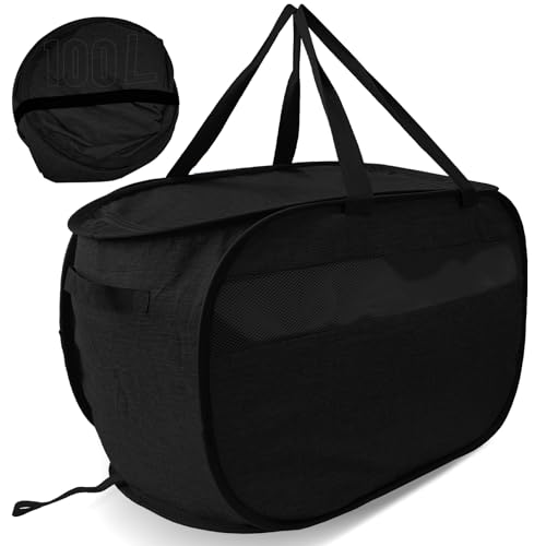 Upgraded 100L Extra Large Mesh Pop Up Laundry Hamper with Lid & Handles, XL Foldable Dirty Clothes Basket for Home Dorm Closet Storage, Portable Laundry Bin, Black. H - color: Matte Black