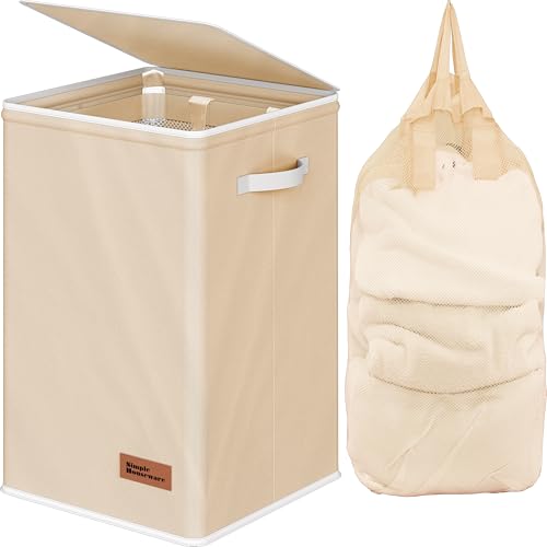 Simple Houseware Foldable Laundry Hamper Basket with Lid and Bag, Beige - color: Beige