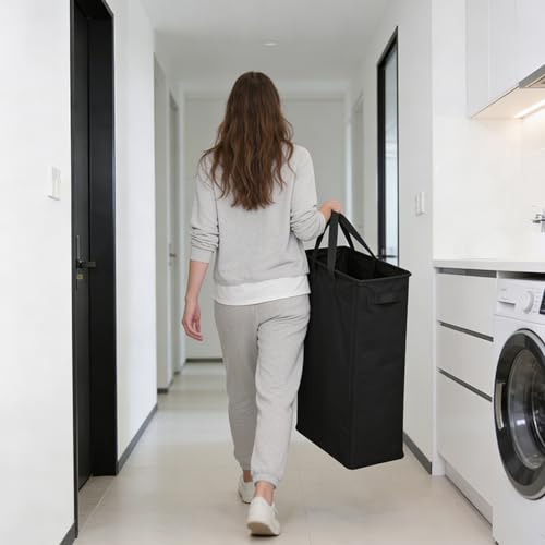 Slim Laundry Hamper With Handles Collapsible Laundry Basket Thin Dirty Clothes Basket Narrow Laundry Bag Foldable Dirty Clothes Hamper 45L (21 inches,Black) - color: Black