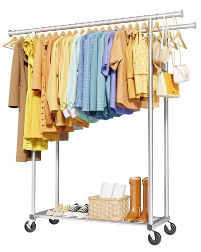 Sakugi Double Rod Clothes Rack - Large-Capacity Clothing Racks for Hanging Clothes with Lockable Wheels, Space-Saving Metal Coat Rack for Bedroom, Laundry Room, Entryway, 45.6" x 16.9" x 62", Silver - color: Silver, size: 45.6" x 16.9" x 62"(2 Rods)