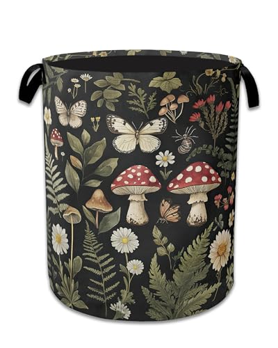 Red Mushroom Laundry Basket,Foldable Oxford Cloth Butterfly Plant Herb Laundry Hamper With Handle, 20.8"x16" Portable Clothes Storage Basket Bag for Laundry Room/Bathroom/Bedroom/Dormitories - color: Red Mushroom Butterfly Plant Herb