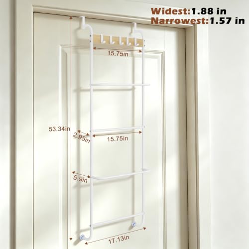 Over The Door Towel Rack 5 Tier Towel Holder with Hooks for Door Hanging Metal Over Door Towel Bar for Bathroom Door Towel Hanger for Bathroom Accessories, White and Wood - color: White and Wood