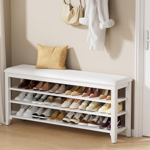 Taitiy Shoe Bench with 3 Tier Adjustable Shelves Rubberwood Entryway 47.2'' - color: White, size: 47.2''