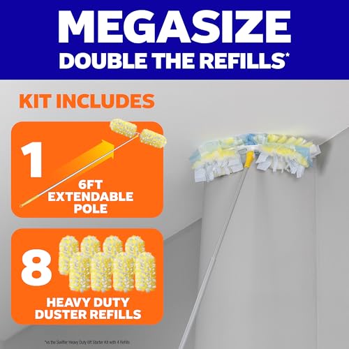 Swiffer Duster Kit with 6 ft Super Extendable Handle, Heavy Duty Starter Kit, Microfiber, White, with 8 Refills