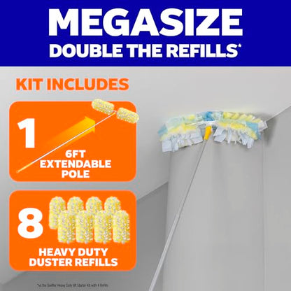 Swiffer Duster Kit with 6 ft Super Extendable Handle, Heavy Duty Starter Kit, Microfiber, White, with 8 Refills