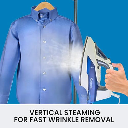 Kenmore Steam Iron for Clothes – Plancha de Ropa with Vertical Garment Steamer, Stainless Steel Soleplate, 9 Fabric Presets, 1725W, Auto Shut Off & 3- way Anti-Drip, La plancha de vapor