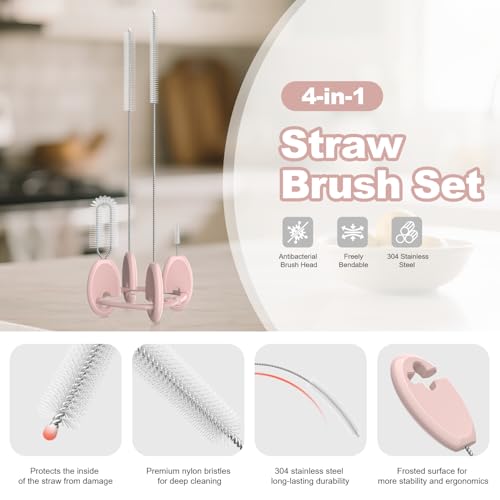 YOTIME 4in1 Straw Cleaner Brush Set, Reusable Standing Straw Brushs with Holder Ring, for Wide and Narrow Straws, Tumblers, Water Bottles and Cups, Pink - style: Standard | Pink