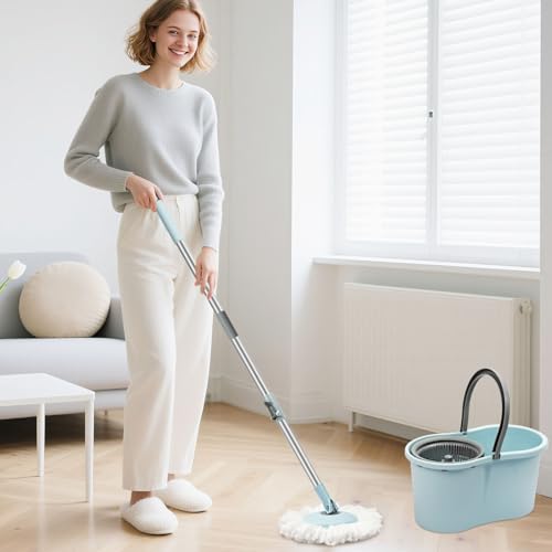 Spin Mop and Bucket with Wringer Set, 3 Microfiber Mop Heads, 51" Handle - color: Blue-3