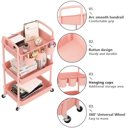 MOYIPIN 3-Tier Plastic Rolling Utility Cart with Handle,Pink - color: Pink, size: 3-Tiers with cups