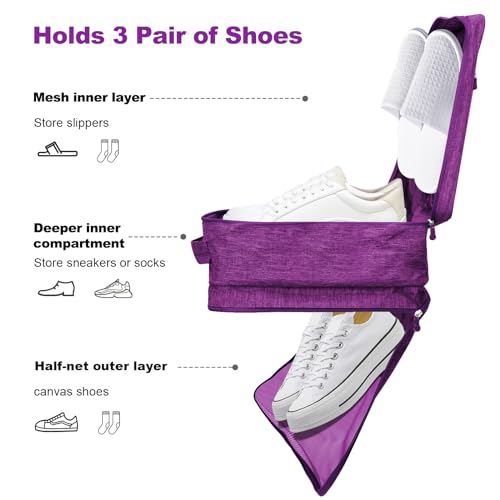 Shoe Bags for Travel,Holds 3 Pairs of Shoes,for Travel&Daily Use - color: Purple