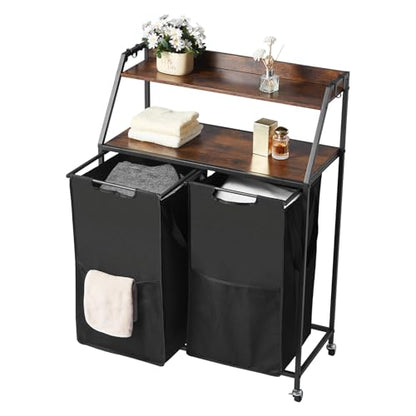 VEVOR 2 Tiers Laundry Sorter, Tall Laundry Hamper with Metal Frame and Wooden Tabletop, 2 Section Rolling Basket Organizer Storage with Ladder Shelves and 600D Oxford Cloth Bags for Dirty Clothes - style: 2 Tiers