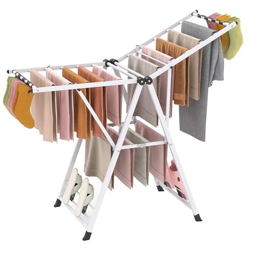 GIANTEX Foldable Metal Clothes Drying Rack, 55.5" Height Adjustable Wings - color: White, size: 55.5"L x 39"-58"H