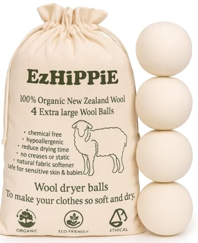 Ezhippie Quality Wool Dryer Balls - 4 XL Pack - 1000+ Loads - Pure Organic Wool - Reusable Natural Fabric Softener Perfect with Essential Oils, Reduce Clothing Static and Wrinkles - color: Four Plain Balls