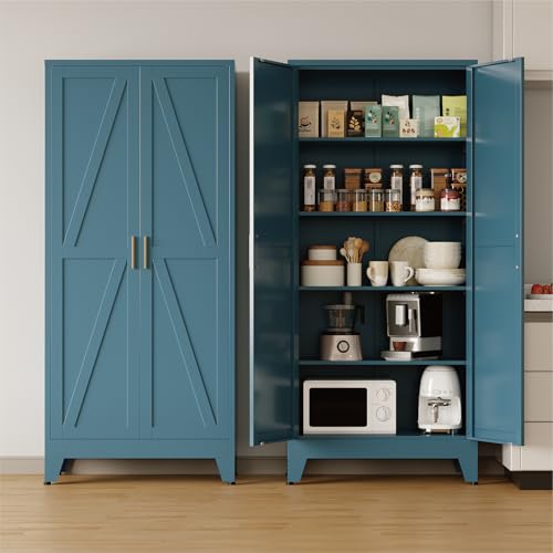 COFaR 71'' Tall Metal Storage Cabinet, Farmhouse Kitchen Pantry Cabinet with Doors and 4 Adjustable Shelves, Metal Pantry Storage Cabinets for Kitchen, Laundry, Peacock Blue 5-Tier - color: Peacock Blue, size: 71'' 2 Doors 0 Drawer-Tree Door