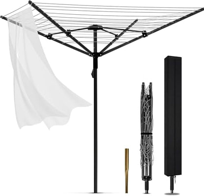 Heavy Duty Outdoor Umbrella Drying Rack, 12 Lines with 165 Feet Drying Space, Steel Frame & Adjustable Height, 4-arm Umbrella Clothesline for Laundry, Collapsible Clothes Drying Rack for Backyard