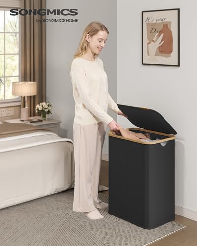 SONGMICS Laundry Hamper with Lid, 140L Laundry Basket, Bamboo Frame - color: Ink Black, size: 140 L (2-Section)