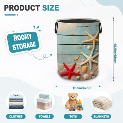 Starfish Seashell Collapsible Laundry Hamper,Blue Coastal Beach Waterproof Oxford Cloth Clothes Basket with Handles for Bathroom Bedroom Nursery Dorm Room,16" x 20" - color: Starfish Seashell,Blue Coastal Beach