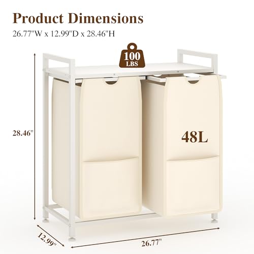 Laundry Sorter, 2 Section, 26.8x13x28.5 Inch - size: 2 Bags-97L / White + Beige