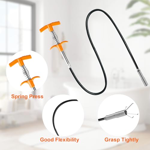 63 In Drain Snake Hair Drain Clog Remover Tool, Sink Drain Cleaner for Sewer Kitchen Bathroom Shower Tub Toilet Clogged Drains Opener Cleaning Tool, Flexible Grabber Claw Pick Up Reacher Tool