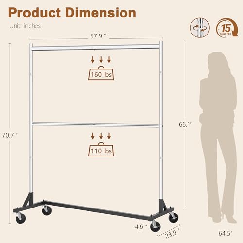 Hoctieon Double Rod Z Rack, Rolling Clothes Racks with Z-Base, Adjustable Clothing Rack, Standing Clothes Rack, Metal Clothing Racks for Hanging Clothes, Portable Garment Rack, Chrome - color: Chrome(1 Pack)