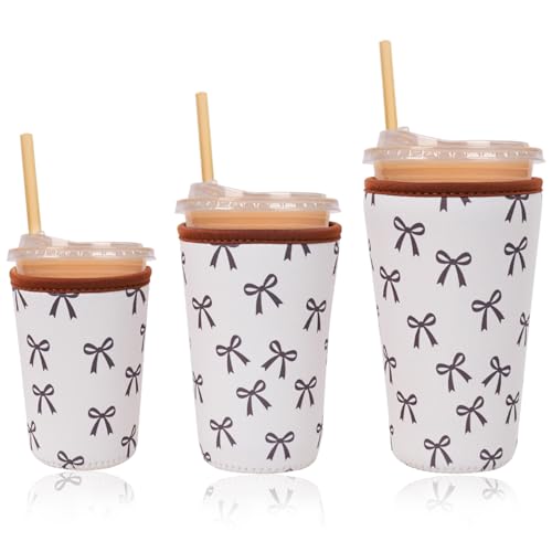 Reusable Insulated Neoprene Iced Coffee Cup Sleeve, Durable Drink Sleeve for Cold Beverages, Beverage Holder for Iced Coffee (Cream Bow) - color: Cream Bow