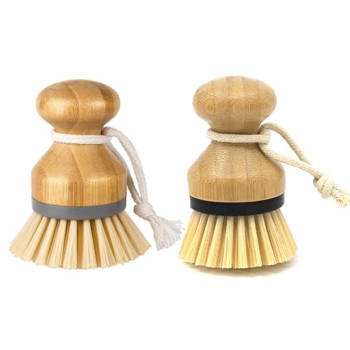 2 PCS Bamboo Palm Brush, Scrub Brush for Pans Dishes Pots Kitchen Sink Cleaning