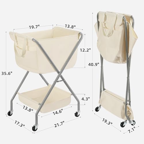 STORAGE MANIAC Collapsible Laundry Cart with Wheels 35.6"H Removable Canvas Bag Rolling Laundry Hamper Clothes Basket with Wheels, Sturdy Steel Frame Folding for Small Narrow Space Easy Storage, Beige - color: Beige, size: 35.6"H with Removable Bag