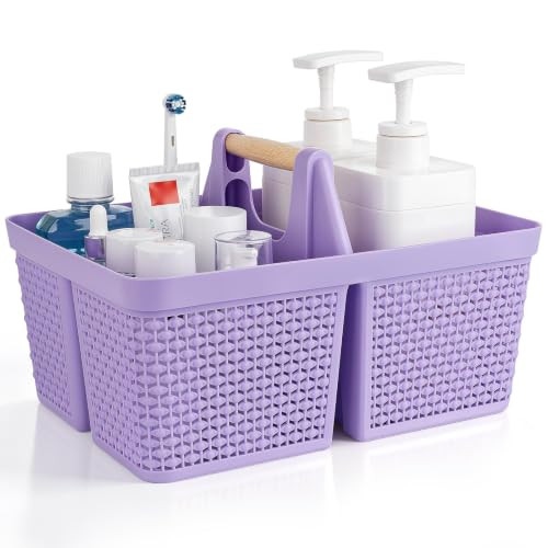UUJOLY Portable Plastic Shower Caddy Basket with Wooden Handle, Purple - color: Purple