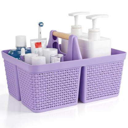 UUJOLY Portable Plastic Shower Caddy Basket with Wooden Handle, Purple - color: Purple