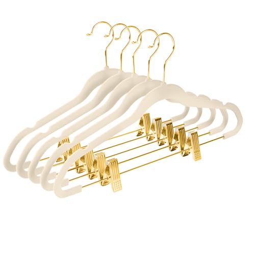 MIZGI Premium Velvet Pants Hangers with Adjustable Clips (Pack of 20) - Slim Skirt Hangers - Non Slip Felt - Ivory/Gold - color: Ivory/Gold, size: 20-Pack
