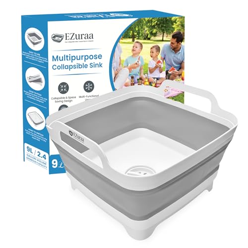EZuraa 2.4 gal(9L) Gray Collapsible Dish Basin, Portable Sink or Dish Pan for Kitchen Sink with Drain Plug/Strainer, Space Saving Baby Bottle Wash Basin Collapsible Bucket, Beverage Tub for Camping - color: Gray