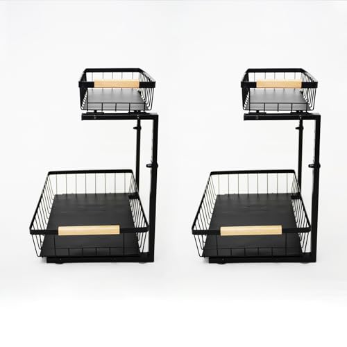 Under Sink Organizer 2 Pack, 2 Tier Pull Out Cabinet Organizers and Storage for Kitchen Bathroom Pantry Laundry, Adjustable Height, Slide Out Thickened Metal Storage Shelf (Black, 2 Pack) - color: Black, size: 2 Pack