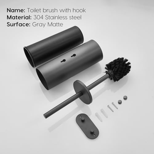 Gray Toilet Brush and Holder Set Stainless Steel No-Punch Hook Base - color: Gray