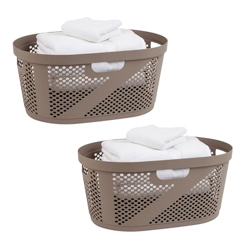 Mind Reader 40L Ventilated Laundry Baskets, Lightweight Clothes Hamper with Cutout Handles for Bathrooms and Closets, Plastic, Set of 2, Tan - color: Tan