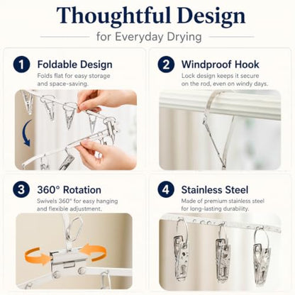 Foldable Clothes Drying Rack with Clips, Windproof Hook, 4 Pack