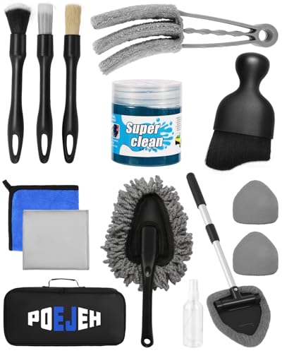 Car Detailing Kit 15PCS, Boar Hair Brushes,160g Gel, Swivel Glass Tool