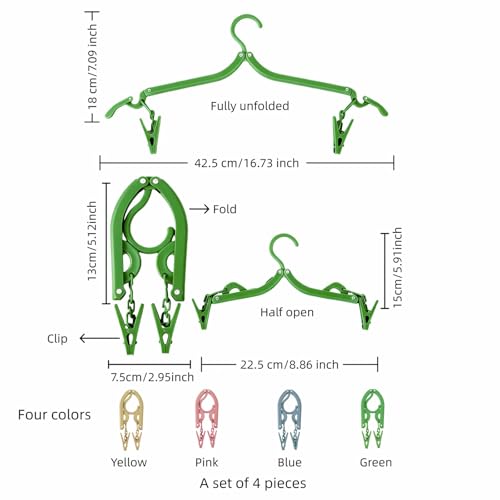 Foldable Hangers 4 Pack - Travel Hangers Collapsible Space Saving, Non-Slip Clothes Hangers with Removable Clips for Suitcase, Camping, Business Trips & Home Closet Organization Four Colors