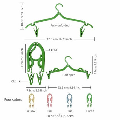 Foldable Hangers 4 Pack - Travel Hangers Collapsible Space Saving, Non-Slip Clothes Hangers with Removable Clips for Suitcase, Camping, Business Trips & Home Closet Organization Four Colors