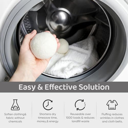 Wool Dryer Balls 6 Pack, Natural Fabric Softener, Dryer Balls Laundry Reusable, Reduces Clothing Wrinkles and Saves Drying Time (White) - color: White