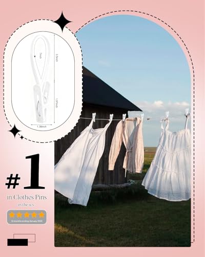 100 Pack Multi Purpose Laundry Hanging Clips with Rope, White - Strong Grip Hanging Clips for Baby Hangers, Pants, Socks, Towels & Closet Organization, Multi-Purpose Laundry Drying Hooks - color: White