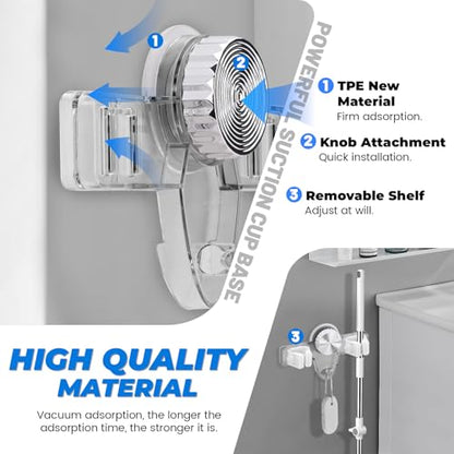LELE LIFE 2 Pack Broom Holder Mop Hanger - Strong Suction Cup - No Drill Removable Broom Organizer Rack Wall Mount with Hooks for Bathroom Kitchen Garage, Clear - color: Clear