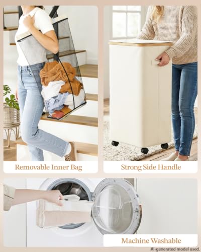 Laundry Hamper with Wheels, 75L Rolling Laundry Basket, Removable Inner Bag - color: Beige, size: 75L