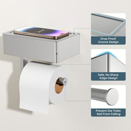 FORIOUS Toilet Paper Holder with Shelf, Wall-Mounted Modern Wipes Dispenser - color: Stainless Steel, size: Big 2 Pack-8" (L)