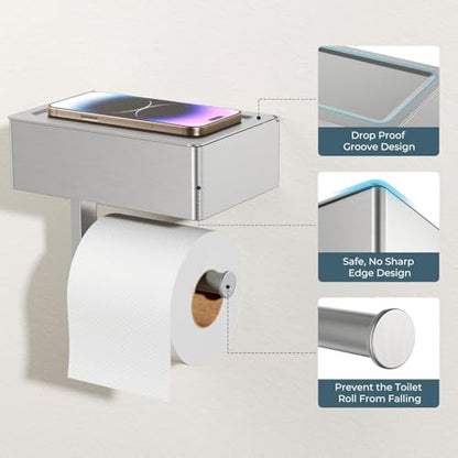 FORIOUS Toilet Paper Holder with Shelf, Wall-Mounted Modern Wipes Dispenser - color: Stainless Steel, size: Big 2 Pack-8" (L)