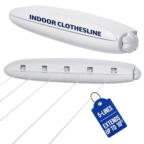 Strata 5-Line Retractable Indoor Clothesline, Adds 51 Feet of Drying Space, Wall Mounted Clothes Line, Easy to Install Retractable Laundry Line, Adjustable Indoor Clothesline for Air Drying Clothes