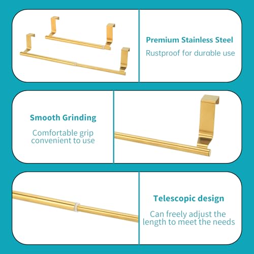 Over Cabinet Towel Holder, Stainless Steel Adjustable Length Over Cabinet Door Kitchen Towel Bar. Dish Towel Holder Hanger Suitable for Cupboard,Door,Cabinet,Laundry. Gold