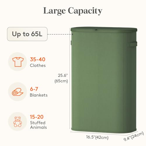 Lifewit Slim Laundry Basket with Lid and Removable Bag, 65L, Green - color: Green, size: 65L
